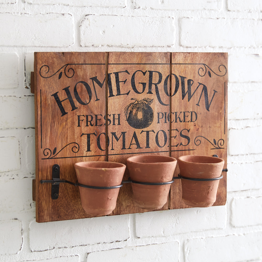 Homegrown Tomatoes Sign with Clay Pots, wood grain