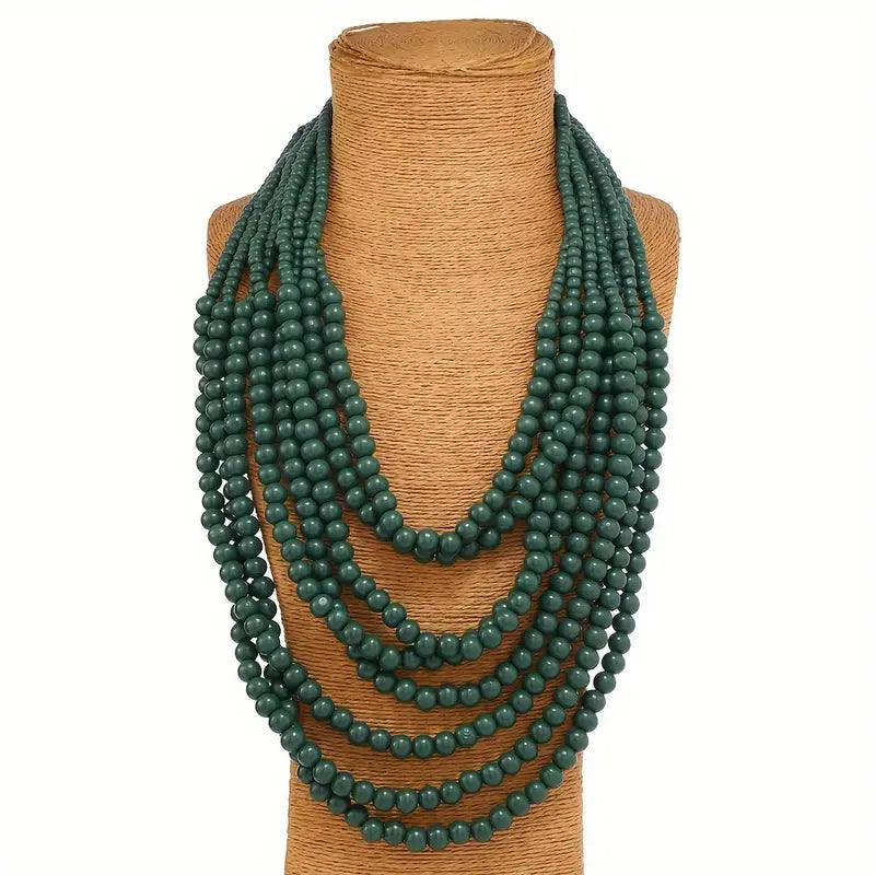 Green Wood Bead Layered Necklace, necklace