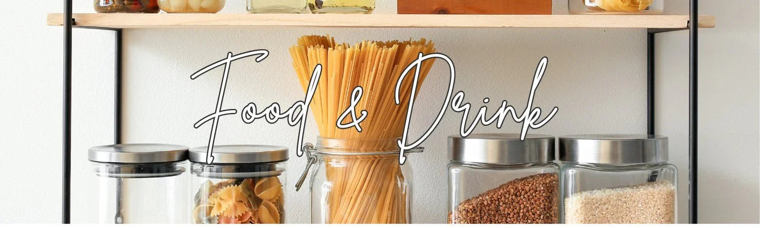Glass jars with pasta, spaghetti, grains on shelf with food and drink text