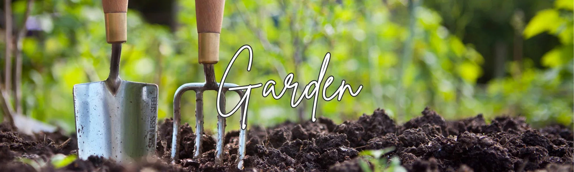 Close-up of gardening tools, stainless steel trowel and garden fork, in rich soil with green plants