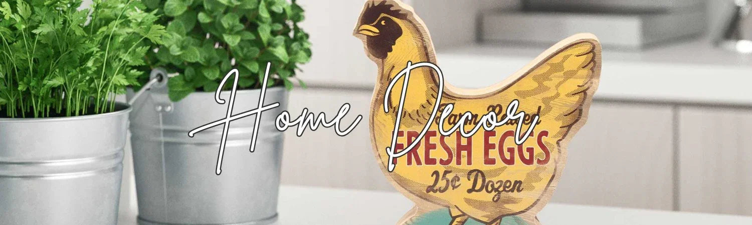 Rustic kitchen decor with vintage style yellow chicken sign and potted green herbs on white countertop