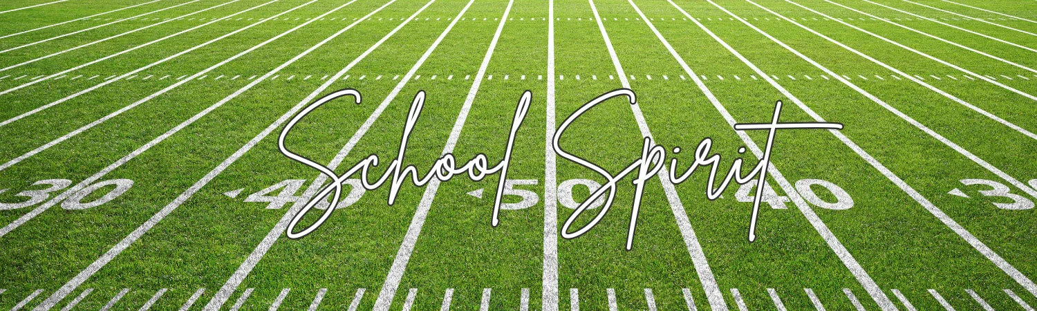 Green football field with white yard lines and text School Spirit overlaid in script font
