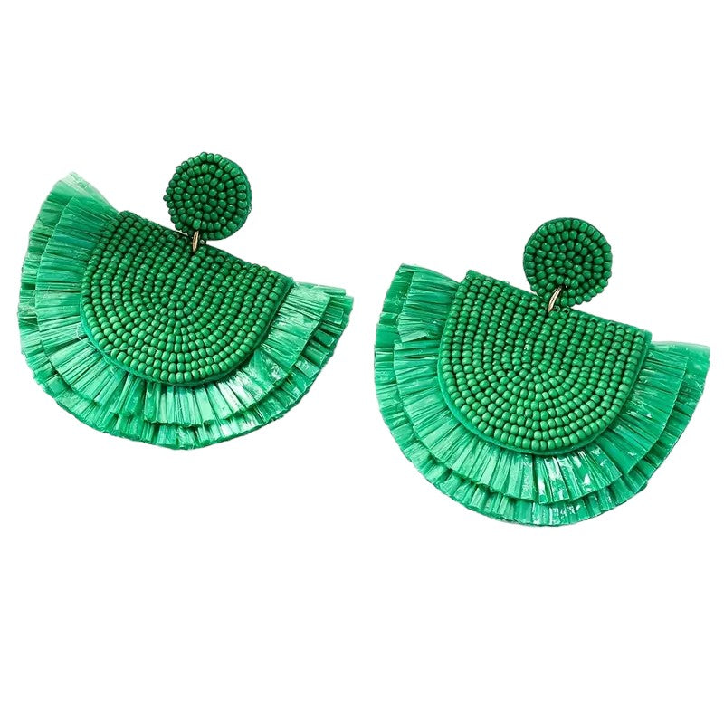 Emerald Beaded Raffia Earrings