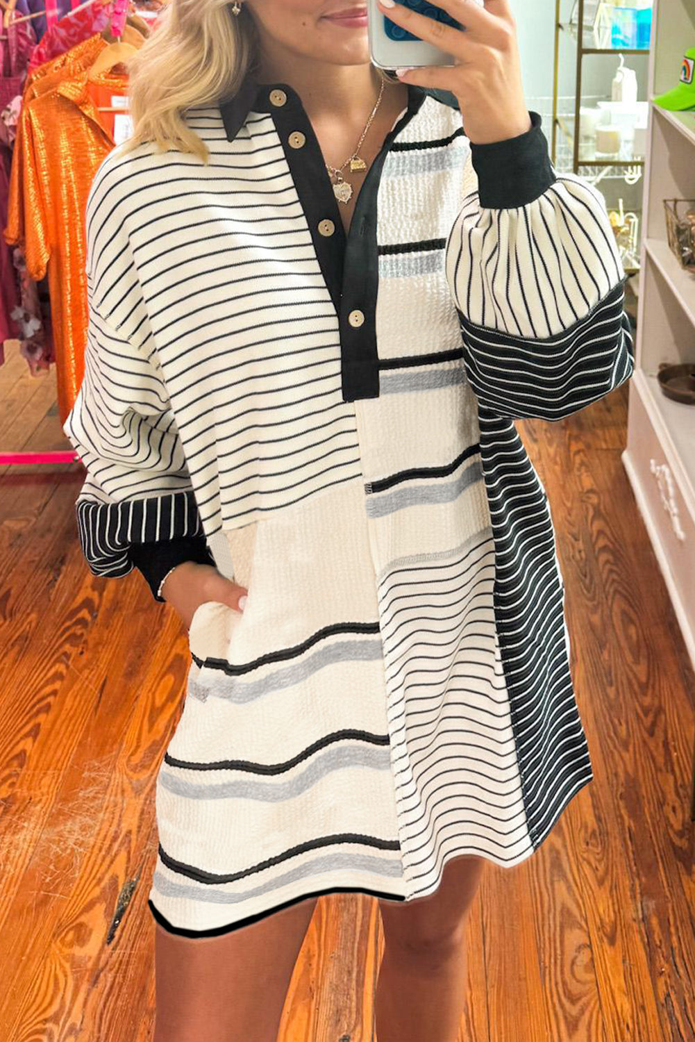 Black Stripe Colorblock Henley Mini Dress LT