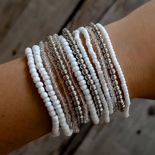 White and Silver seed bead bracelet stack