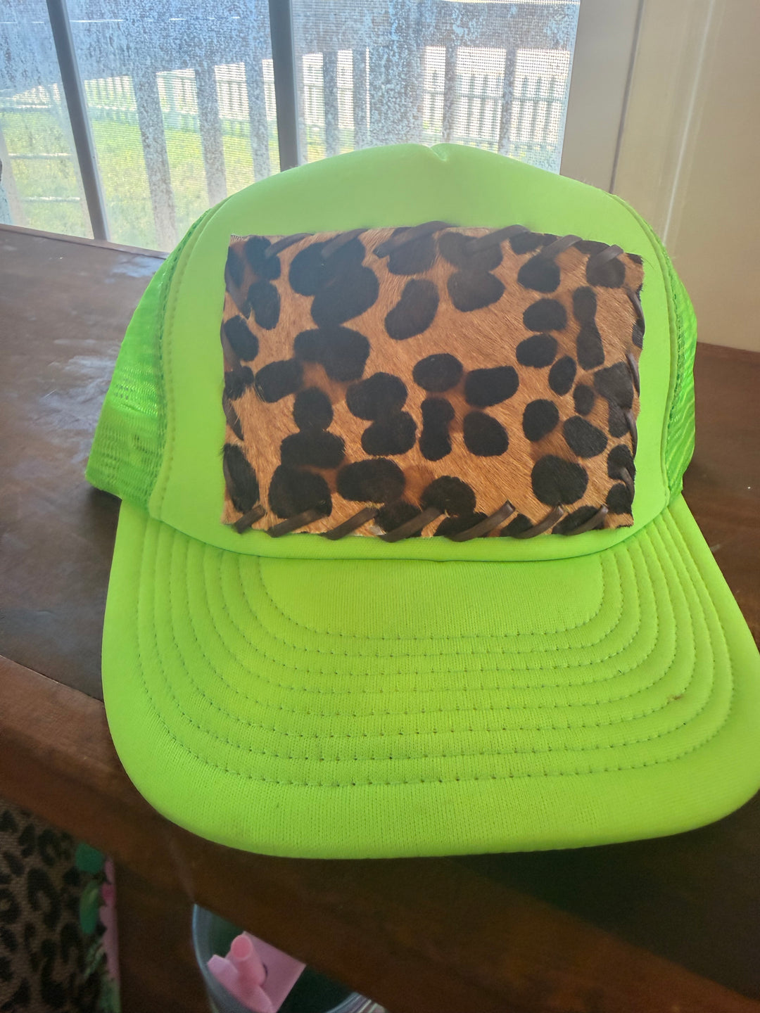 Cowhide leopard trucker hat