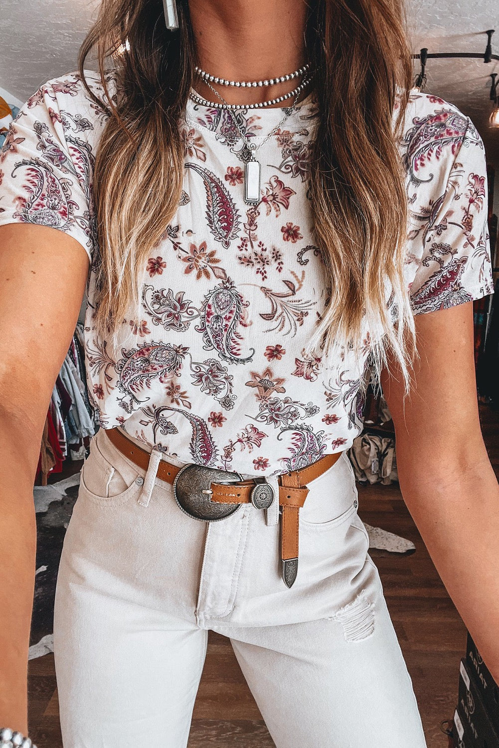 White Vintage Paisley Top LT