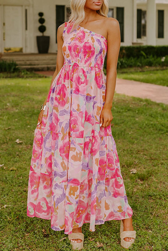 Pink Abstract Floral One Shoulder Maxi LT