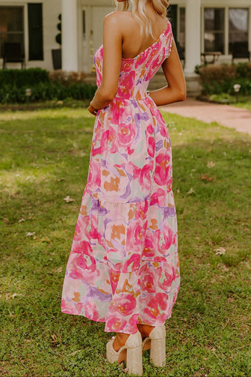 Pink Abstract Floral One Shoulder Maxi LT