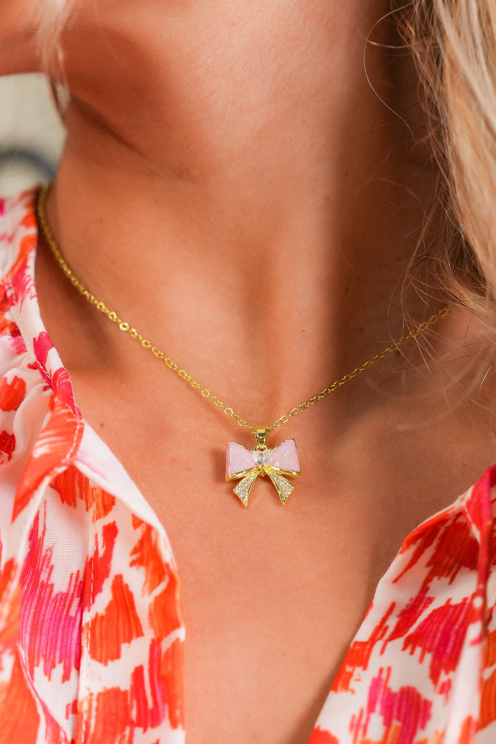 Pink Rhinestone Bow Necklace LT