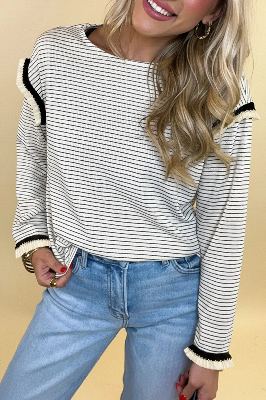 White Stripe Ruffle Top LT