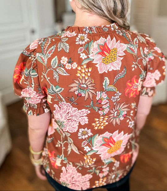 Brown Floral Plus Blouse LT