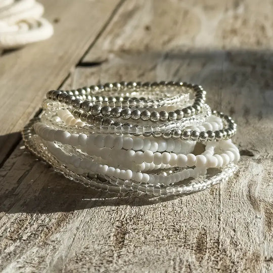 White and Silver seed bead bracelet stack