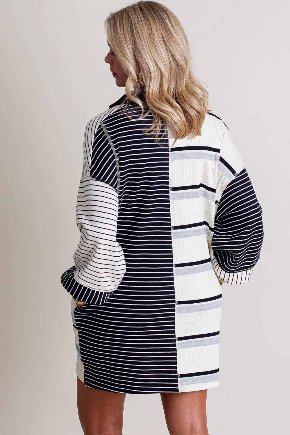 Black Stripe Colorblock Henley Mini Dress LT