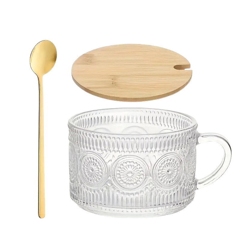 Vintage Hobnail Inspired Glass Mug with Wooden Lid & Spoon