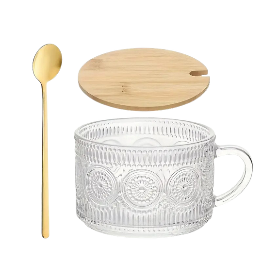 Vintage Hobnail Inspired Glass Mug with Wooden Lid & Spoon