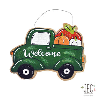 Green Truck Pumpkins Burlap Wall Decor