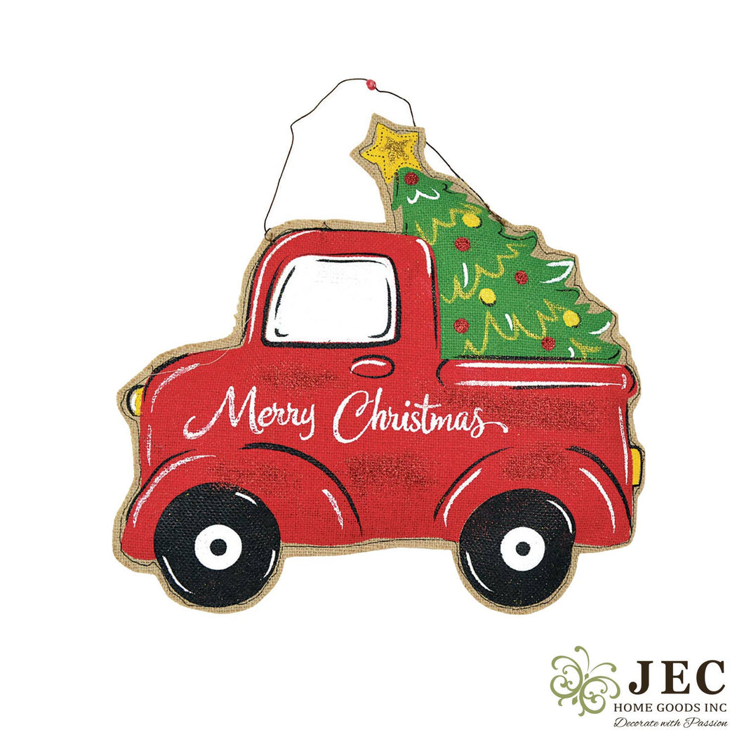 Christmas Tree Pick Up Truck Burlap Wall Decor